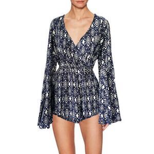 JACHS Girlfriend NY Navy & Cream Geometric Diamond Romper (M) Boho Bell Sleeves